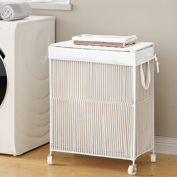 WOWLIVE Laundry Hamper with Wheels, Handwoven Rolling Laundry Basket with Lid - Image 4