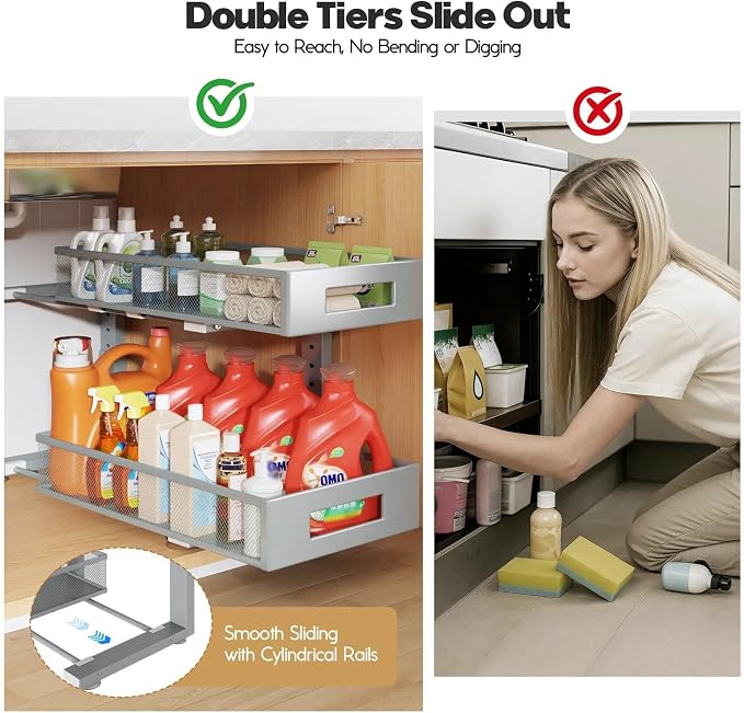 1 Pack 19IN Depth Under Sink Organizer, 2-Tier Pull Out Cabinet Organizer - Image 7