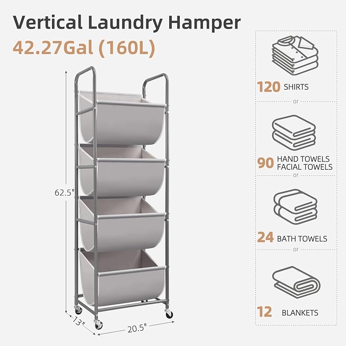 STORAGE MANIAC Vertical Rolling Laundry Hamper, 4 Section Laundry Sorter - Image 4