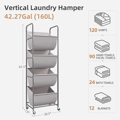STORAGE MANIAC Vertical Rolling Laundry Hamper, 4 Section Laundry Sorter - Image 4