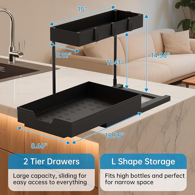 NATURE'S SOURCE 2 Pack Under Sink Organizer 2 Tier Sliding Cabinet Organizers - Image 2