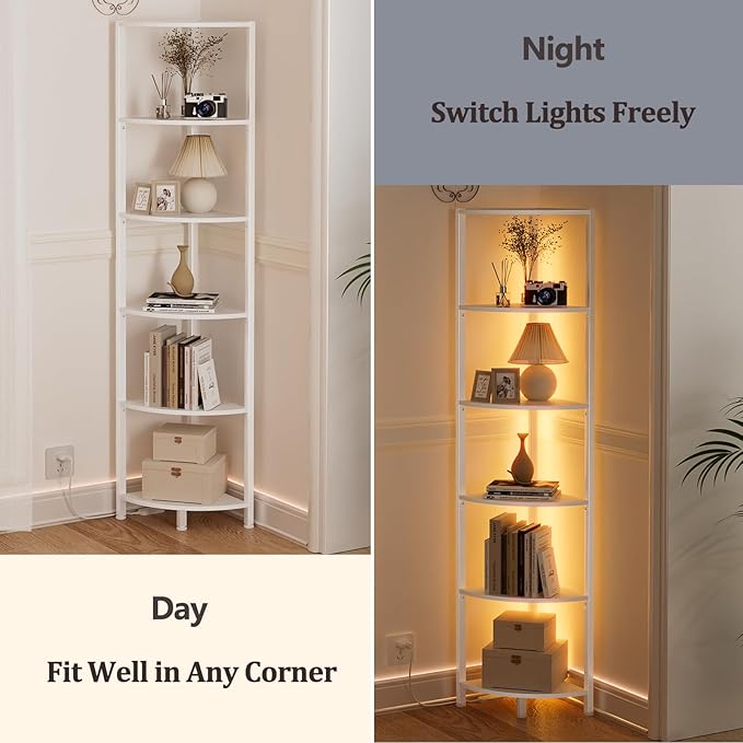 6 Tier Corner Shelf with LED Light, 67.5" White Narrow Bookshelf | Tall - Image 6