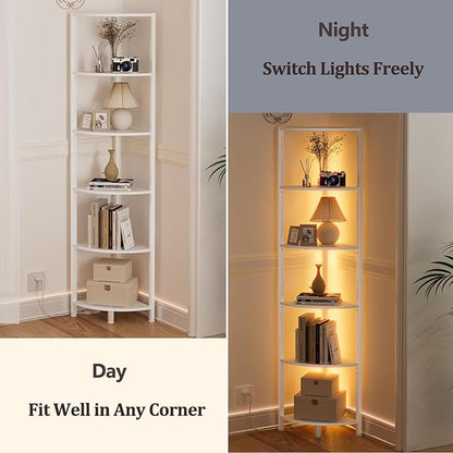 6 Tier Corner Shelf with LED Light, 67.5" White Narrow Bookshelf | Tall - Image 6