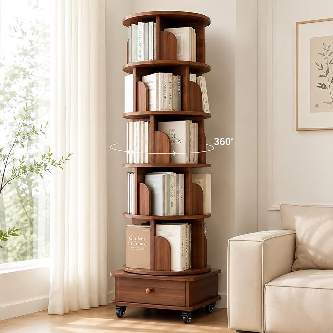 6 Tier Rotating Bookshelf with Cabinet On Wheel, 360° Display Spinning Corner by Breevia