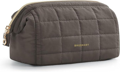 BAGSMART Puffy Padded Travel Makeup Bag, Wide-open Toiletry Bag, Dark Olive | by BAGSMART