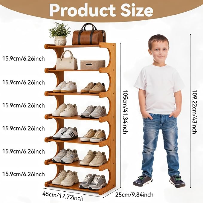 7-Tier 41" Tall Wooden Vertical Shoe Rack, E-Shaped Multi-Layer Solid Wood - Image 2