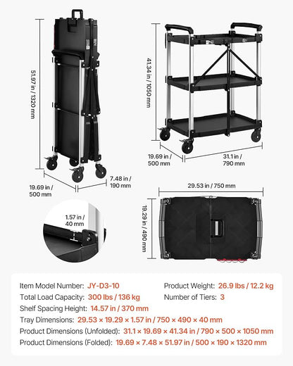 VEVOR 3 Shelf Heavy Duty Folding Jobsite Cart, 3 Tier Rolling Cart - Image 7