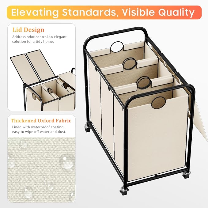 180L Laundry Sorter 3 Section, Rolling Laundry Basket - Image 4
