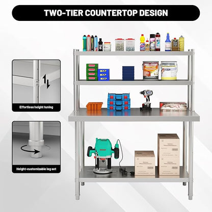 2-Tier Stainless Steel Commercial Work Table 47.2" W x 23.6" D x 31.5" H - Image 6
