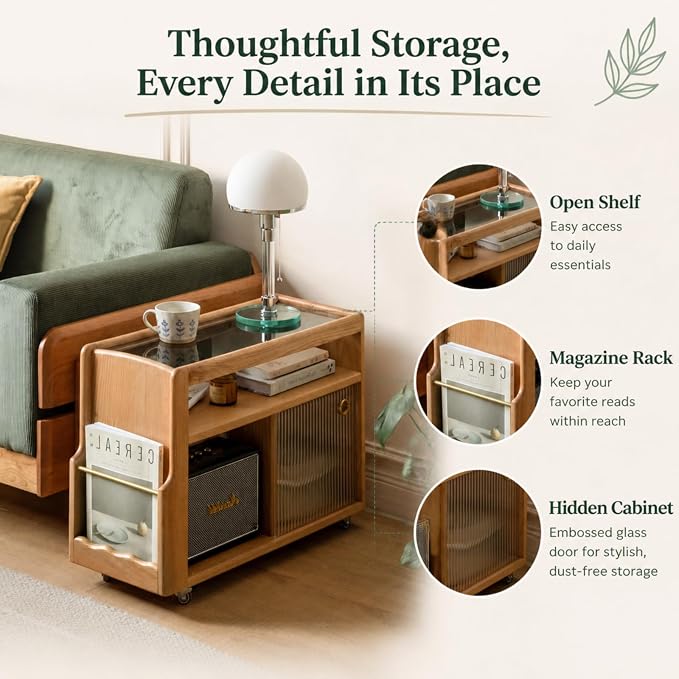 Solid Wood Side Table with Storage, Narrow End Table with Magazine Rack | Red - Image 6