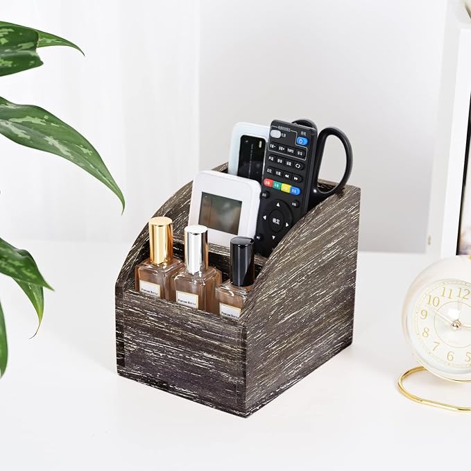 Rustic Brown Wooden Desk Organizer Farmhouse Wood Remote Control Caddy - Image 7