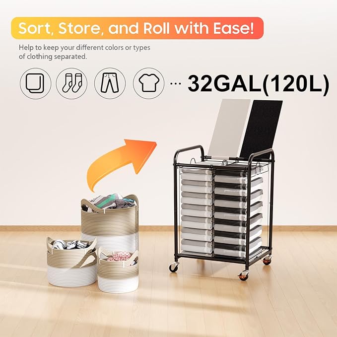 120L Laundry Sorter 2 Section, Rolling Laundry Basket - Image 6