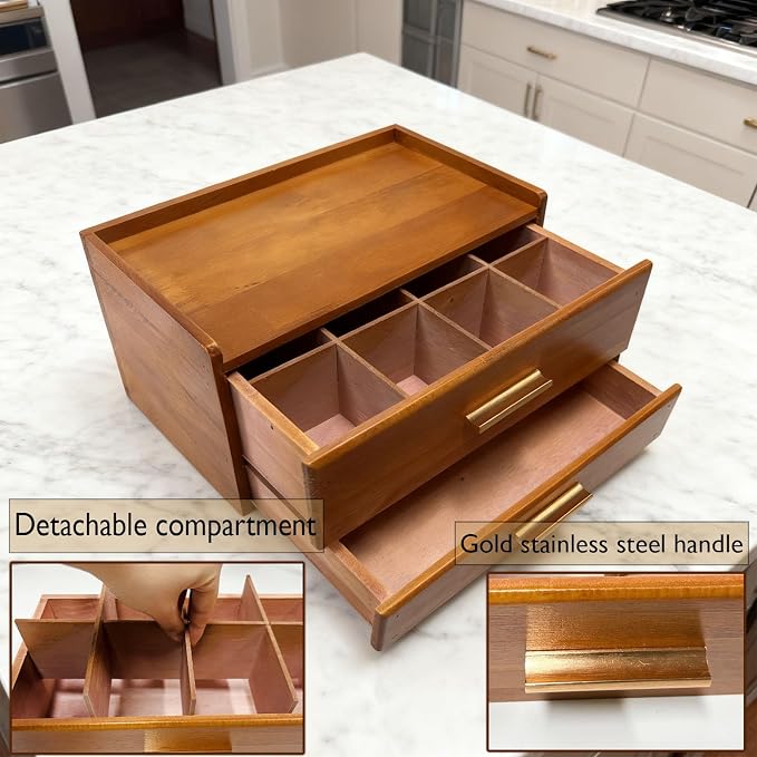 Wooden Tea Bag Organizer, Acacia Drawer Wood Storage Box, Teabag Holder - Image 4