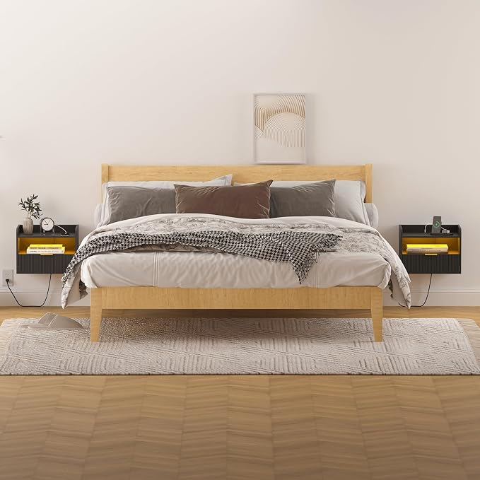 White Floating Nightstand with Charging Station and LED Lights - Image 3