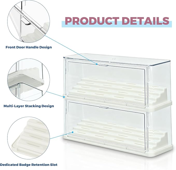 2 Pack Button Pin Display Case – 4-Tier Clear Badge Storage Box, Stackable - Image 5