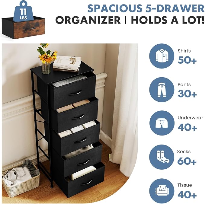 DUMOS Nightstand with 5 Drawers Bedside Table with Removable Fabric Bins Sturdy - Image 4