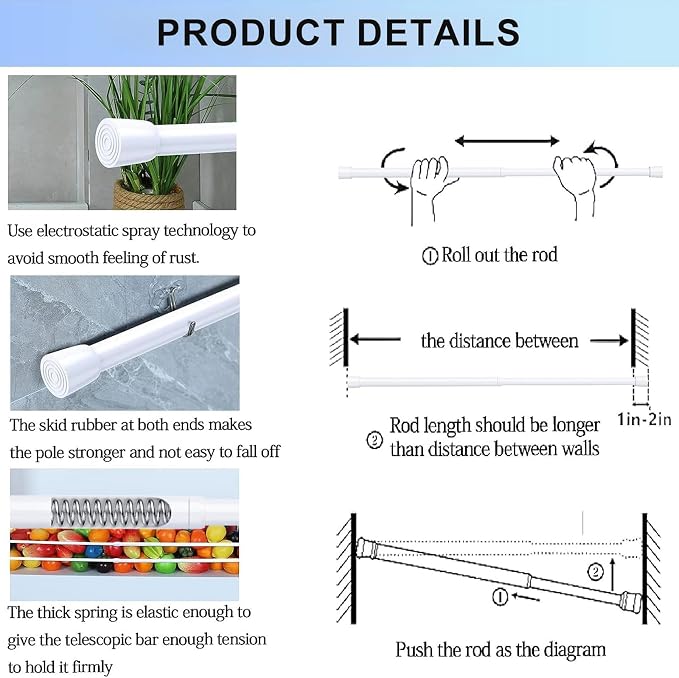 AIZESI 1Pc Spring Tension Curtain Rod, Adjustable 26-39 Inch - Image 6
