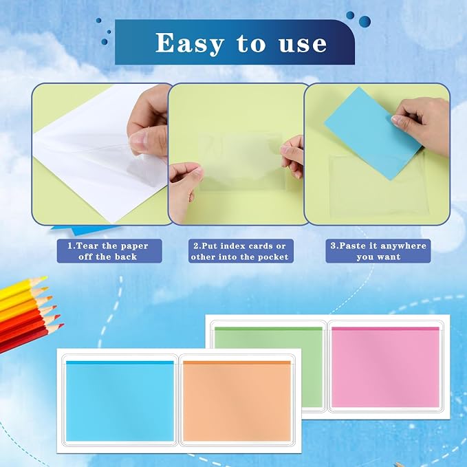100 Pack Clear Adhesive Pockets 3" x 5" Index Card Pockets - Image 3