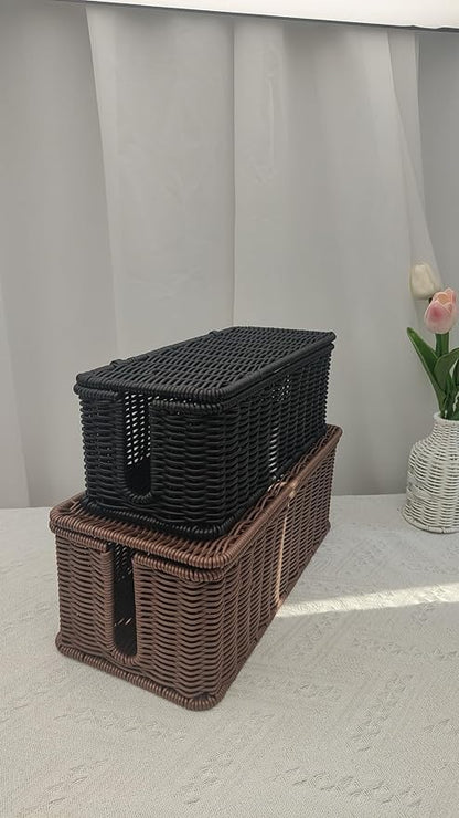 Cable Management Box, Handwoven Faux Rattan Cord Organizer Box - Image 8