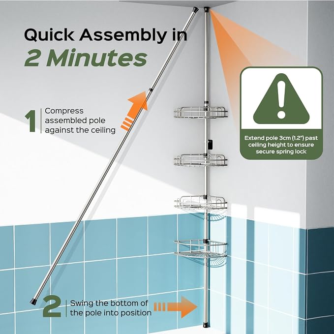 HAMITOR Shower Caddy Tension Pole: 4-Tier Rustproof Bathroom Corner Shelf - Image 6