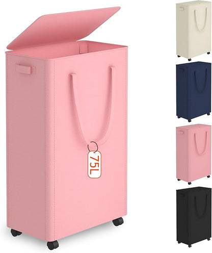 Slim Laundry Hamper with Wheels, 20 Gal Rolling Laundry Basket with lid and by Vincona