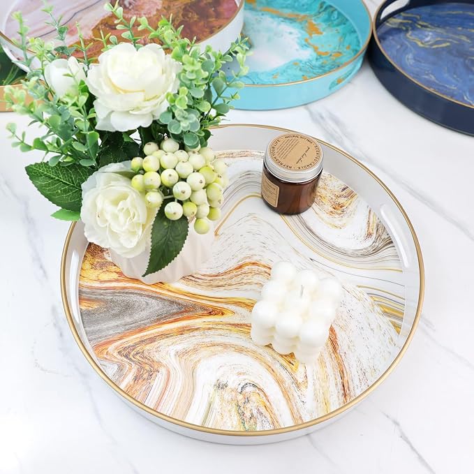 Round White Marbling Decorative Tray - Image 3