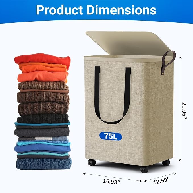 Laundry Basket with 5 Wheels, Tall Dirty Laundry Hamper, Rolling Laundry Basket - Image 3