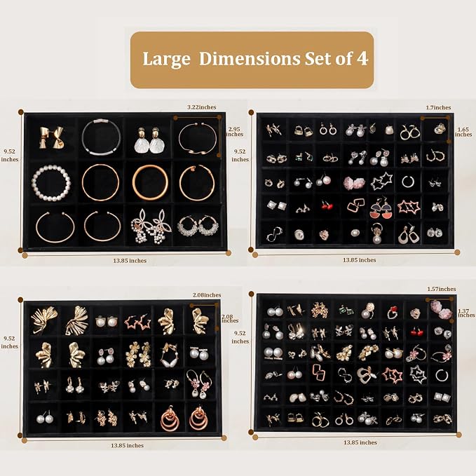 Large Jewelry Drawer Organizer Trays Set of 4, Stackable Velvet Jewelry Trays - Image 2