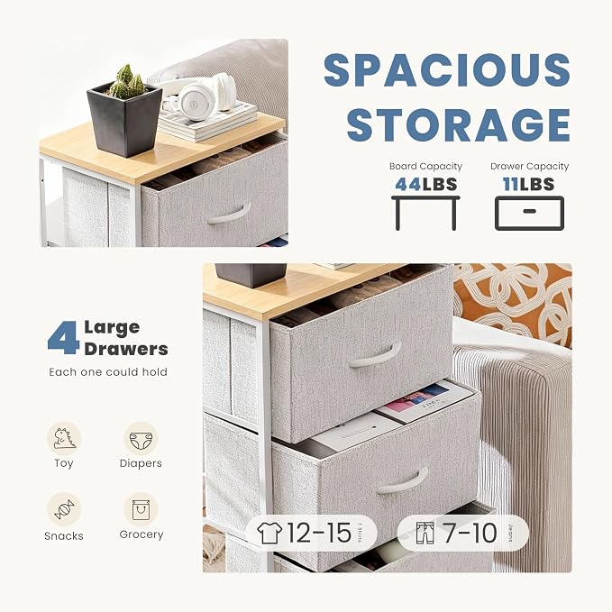 DUMOS Nightstand with 4 Drawers Bedside Table with Removable Fabric Bins Sturdy - Image 4