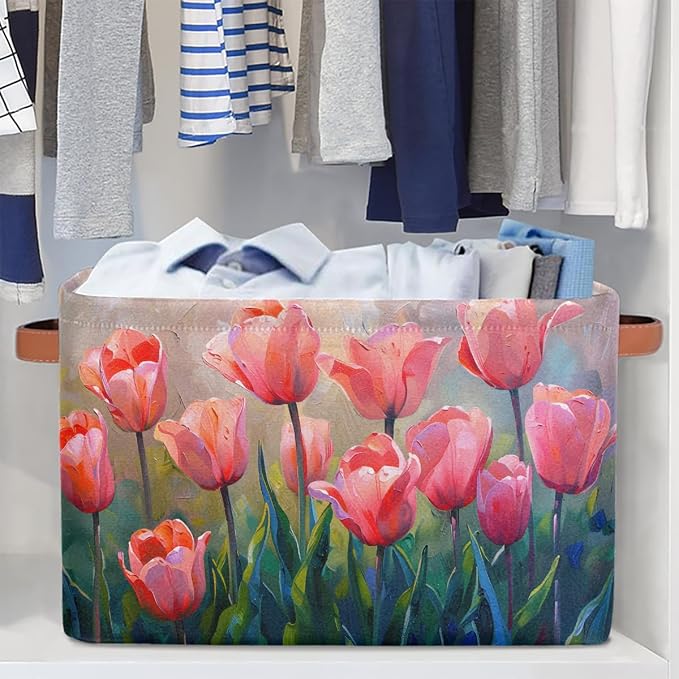 Basket Storage Bins Pink Painting Tulips Flower Rectangle Cube Basket Box Kids - Image 5
