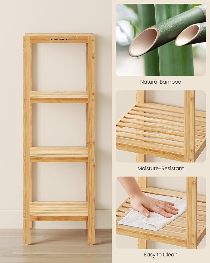 SONGMICS 4-Tier Bamboo Shelf, Narrow Bathroom Shelf, Standing Towel Rack - Image 5