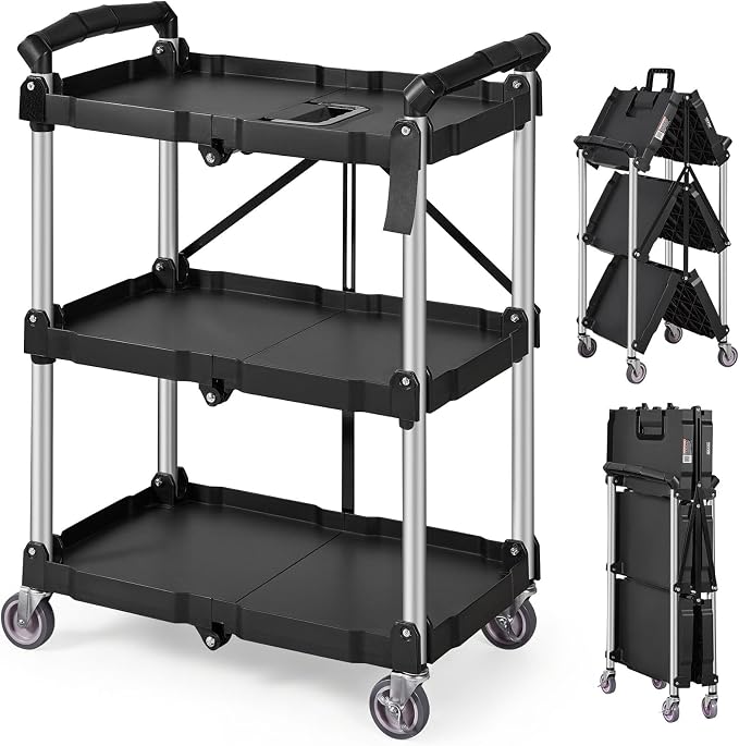 VEVOR Foldable Utility Service Cart, 165LBS 3 Shelf Heavy Duty Plastic Rolling by VEVOR