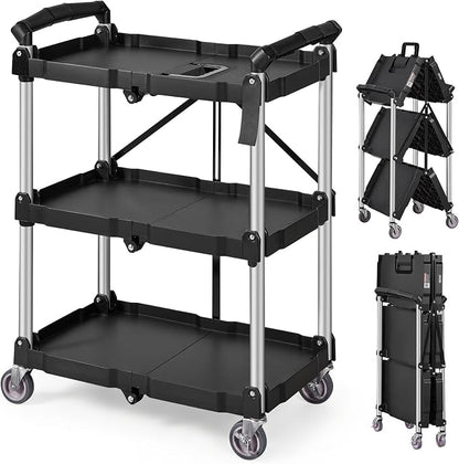 VEVOR Foldable Utility Service Cart, 165LBS 3 Shelf Heavy Duty Plastic Rolling by VEVOR