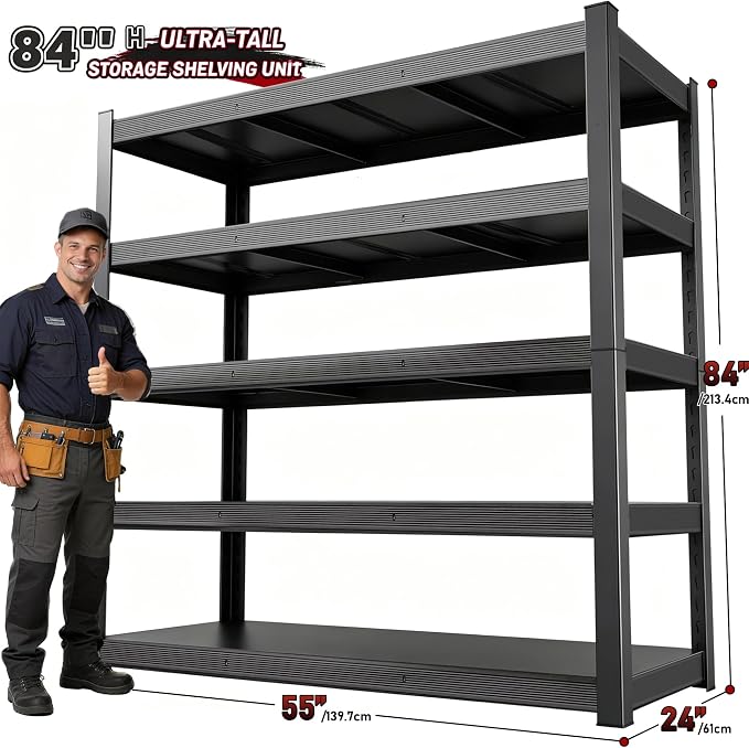 84" H 5-Tier Heavy Duty Storage Shelves, 3000LBS Capacity Adjustable Metal - Image 2