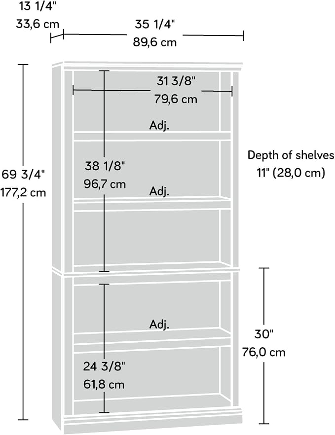Sauder 5-Shelf Bookcase/ Book shelf, L: 35.28" x W: 13.23" x H: 69.76" - Image 3