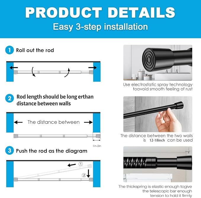 2 Pack Spring Tension Rod, Adjustable 12-18 Inch No Drill, Fits Windows Kitchen - Image 7
