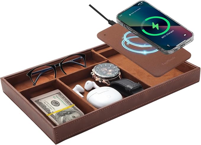 TopMade Valet Tray with Wireless Charging Pad Nightstand Organizer, Leather by TopmadeProduct-Ordernow