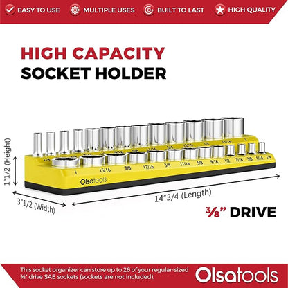 Olsa Tools Magnetic Socket Organizer | 3/8-inch Drive | SAE | Yellow | Holds 16 - Image 3