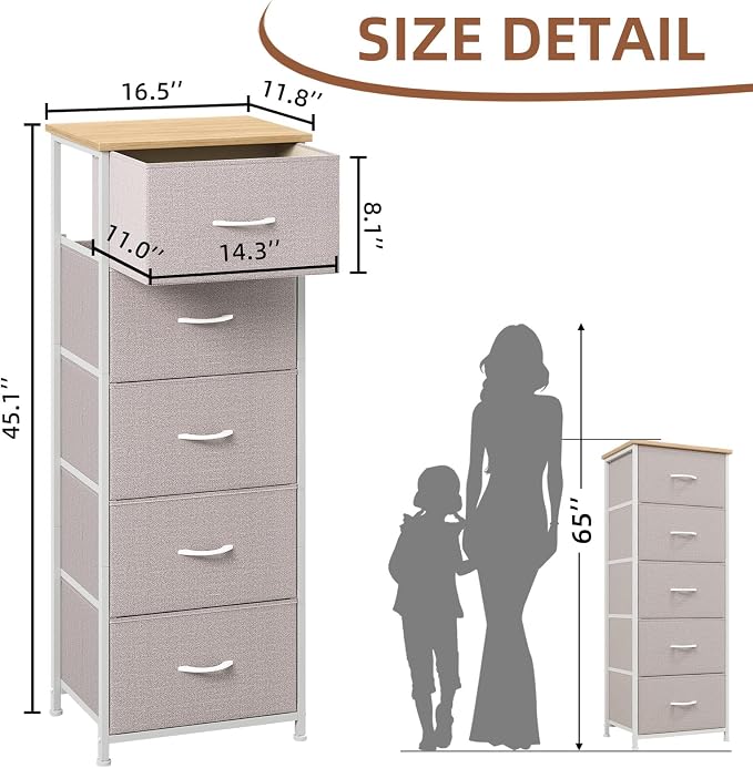 Somdot Tall Dresser for Bedroom, 5 Drawer Storage Cabinet, Ash Grey | Fabric - Image 3