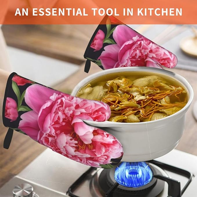 Oven Mitts Set of 2 Garden Peony Oven Glove Heat Resistant 500â„‰ Kitchen Oven - Image 4