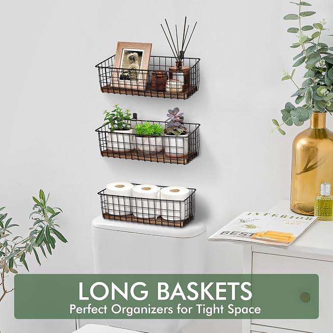 Wall Hanging Baskets, 3 Wooden Wire Bins - Image 6