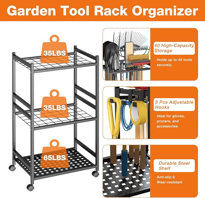 Garden Tool Organizer with Wheels, Heavy-Duty Yard Tool Rack with 3 Side Hooks - Image 2