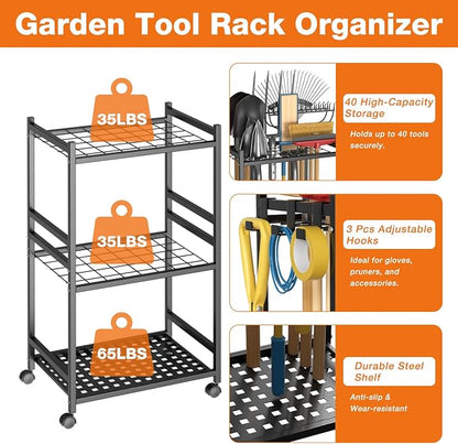 Garden Tool Organizer with Wheels, Heavy-Duty Yard Tool Rack with 3 Side Hooks - Image 2