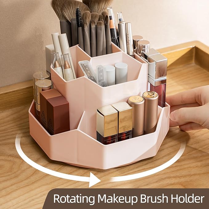 360° Rotating Pink Makeup Brush Holder Organizer - Image 2