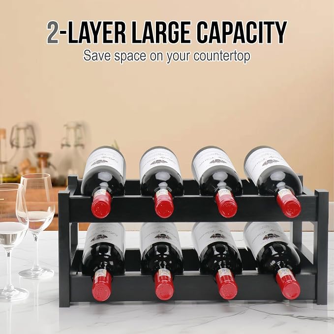 Bamboo Wine Rack, 2-Tier 8 Bottles Wine Storage Cabinet Shelf, Easy-Assembly - Image 5