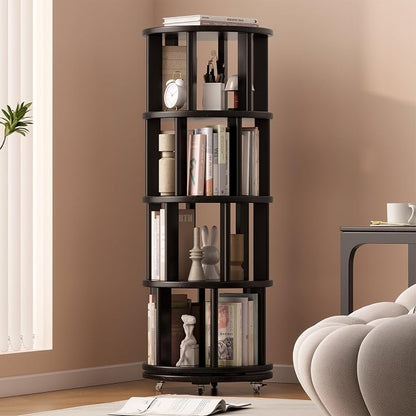 Solid Wood Rotating Bookshelf on Wheels, 4 Tier, Round Revolving Bookcase by Muwuele