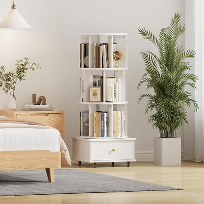3-Tier Rotating Bookshelf with Drawers on Wheels, 360° Spinning Corner Bookcase by LSHUIZHU