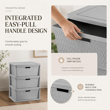 Wide 3-Drawer Plastic Storage Tower, Cross-Weave Decorative Organizer Chest - Image 5