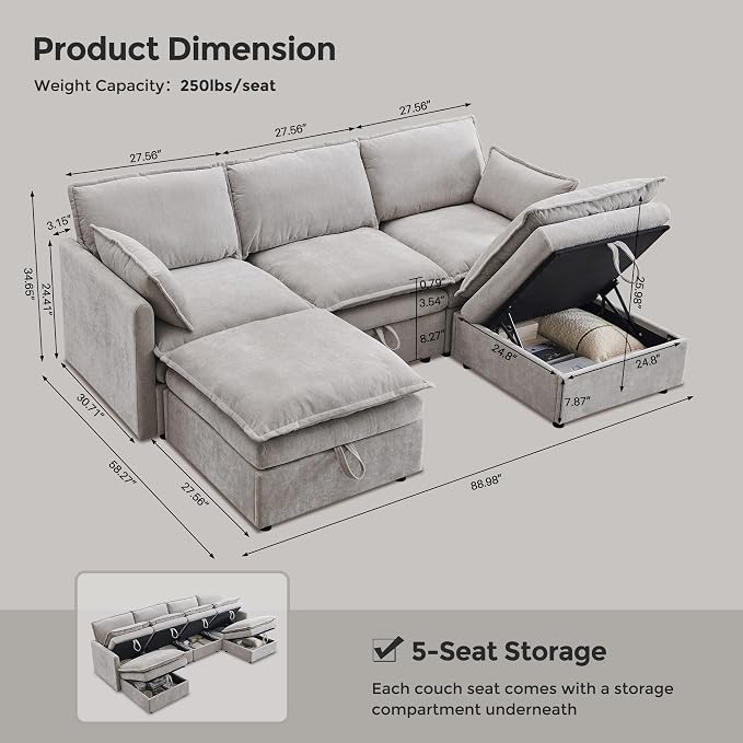 88.98" Sectional Couches for Living Room, Cloud Couch Sectional - Image 2
