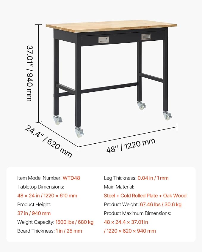 VEVOR 48-inch Workbench, 1500 lbs Load Capacity, Garage Workbench - Image 7